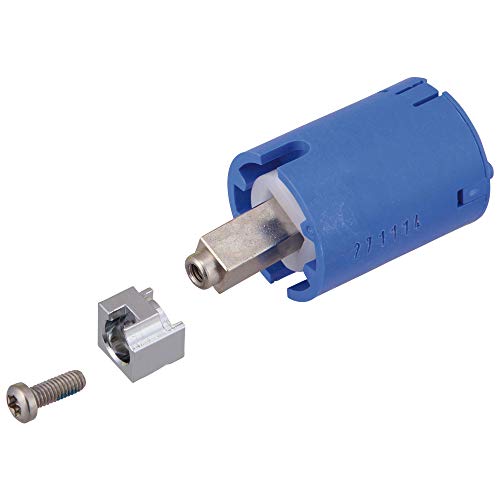 Blue ceramic valve cartridge with metal stem and disassembled components including metal bracket and screw.