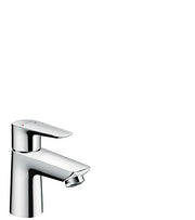 Chrome single-hole bathroom faucet with two horizontal handles and curved spout.