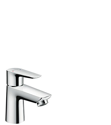Chrome single-hole bathroom faucet with two horizontal handles and curved spout.