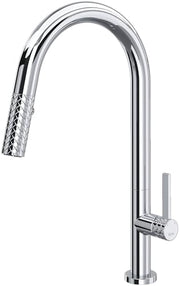 Polished chrome pull-down kitchen faucet with curved C-spout and textured spray head handle.
