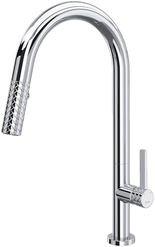 Polished chrome pull-down kitchen faucet with curved C-spout and textured spray head handle.