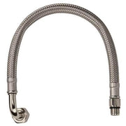 Chrome flexible hose with braided mesh covering and threaded metal connectors on both ends.
