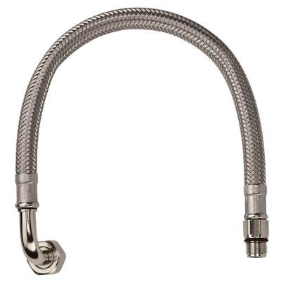 Chrome flexible hose with braided mesh covering and threaded metal connectors on both ends.