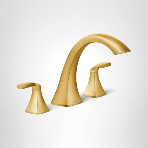Gold two-handle Roman tub faucet with curved center spout and matching lever handles on white background.