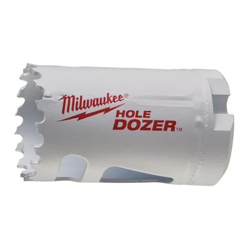 Milwaukee HOLE DOZER bi-metal hole saw with serrated cutting edges and Milwaukee branding visible on white cylindrical body.