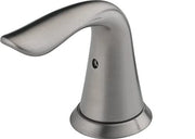 Stainless steel bathroom faucet lever handle with curved design and circular base mounting.