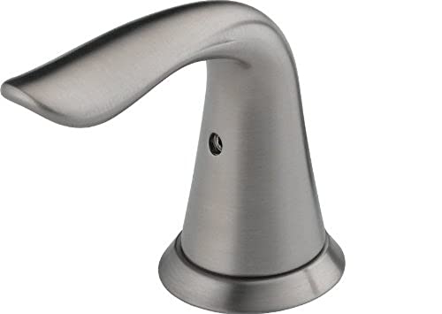 Stainless steel bathroom faucet lever handle with curved design and circular base mounting.