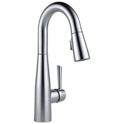 Chrome single handle pull-down kitchen faucet with curved spout and cylindrical handle.