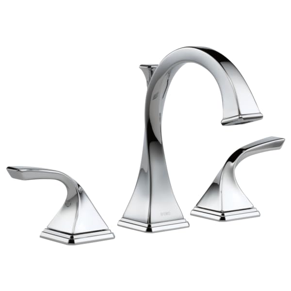 Chrome three-piece widespread bathroom faucet with curved spout and lever handles on square bases.