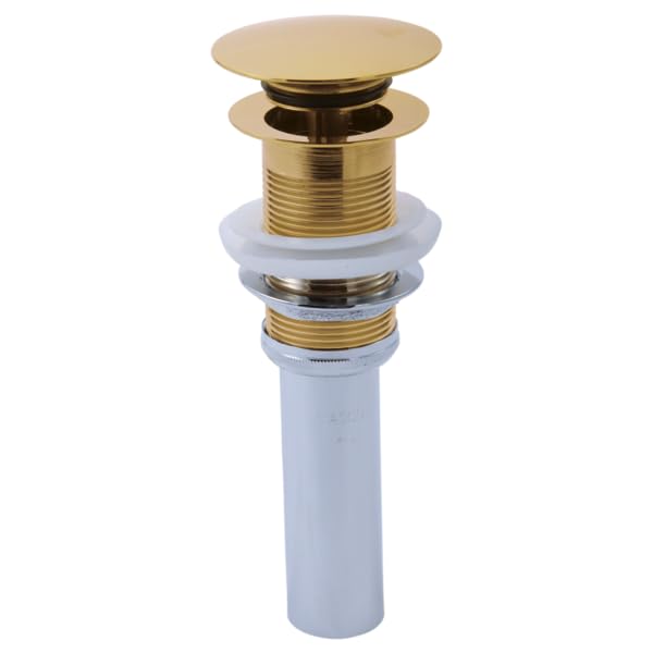 Polished gold push button pop-up drain assembly with threaded brass body and white PVC pipe connector.