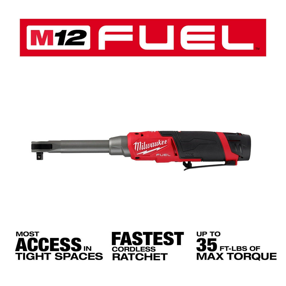 Milwaukee M12 FUEL 3/8" extended reach ratchet with red and black body, gray shaft, and square drive attachment.
