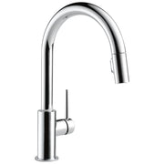 Chrome kitchen faucet with tall curved spout and single lever handle that pulls down.
