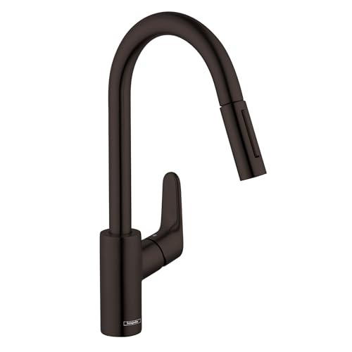 Matte black high-arc kitchen faucet with pull-down spray head and single lever handle.