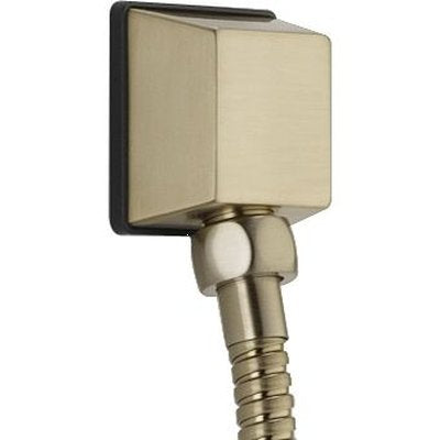 Square brushed nickel wall elbow with hose connection for hand shower attachment.