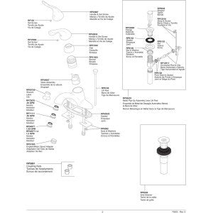 Technical diagram showing chrome single-handle centerset lavatory faucet components and assembly instructions with labeled pa