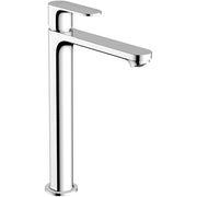 Chrome single-hole bathroom faucet with tall cylindrical body and angled spout.