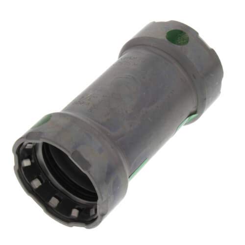 Gray metal press coupling with green indicator dots and black internal jaws visible at one end.
