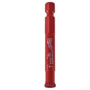 Red hex shank diamond hole saw bit with Milwaukee branding and diamond-coated tip for drilling.