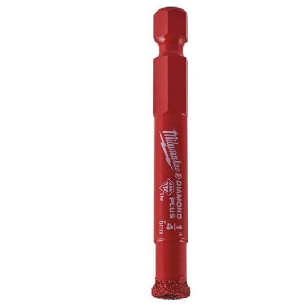 Red hex shank diamond hole saw bit with Milwaukee branding and diamond-coated tip for drilling.
