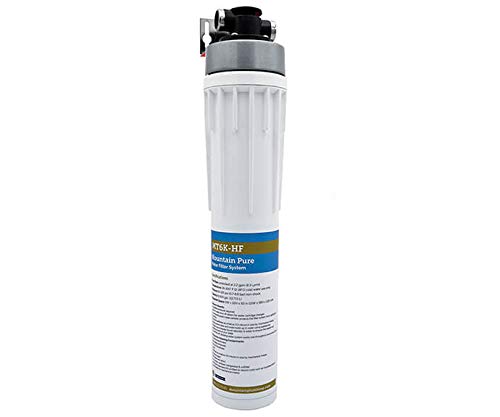 White cylindrical water filter system with black top valve, blue band label, and vertical ridged housing.