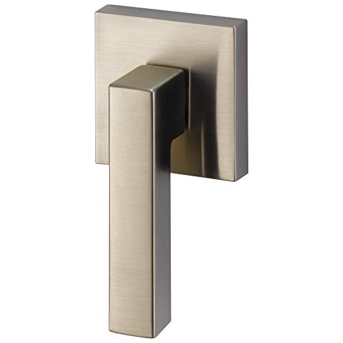 Brushed nickel side mount flush lever with square backplate and angular handle design.
