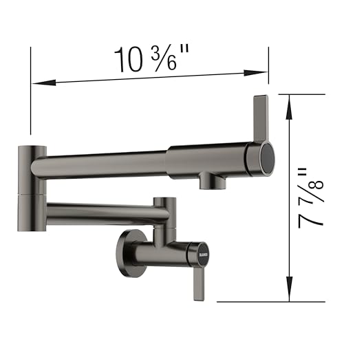 Satin dark steel wall-mounted potfiller faucet with folding arm and single lever handle, shown with dimensions.