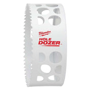 White cylindrical bi-metal hole saw with serrated edges and Milwaukee HOLE DOZER branding, 4-1/4 inch diameter.