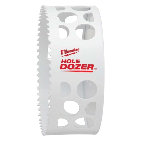 White cylindrical bi-metal hole saw with serrated edges and Milwaukee HOLE DOZER branding, 4-1/4 inch diameter.