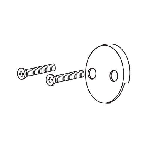 Chrome overflow plate with two mounting screws, featuring two circular openings and no trip lever.