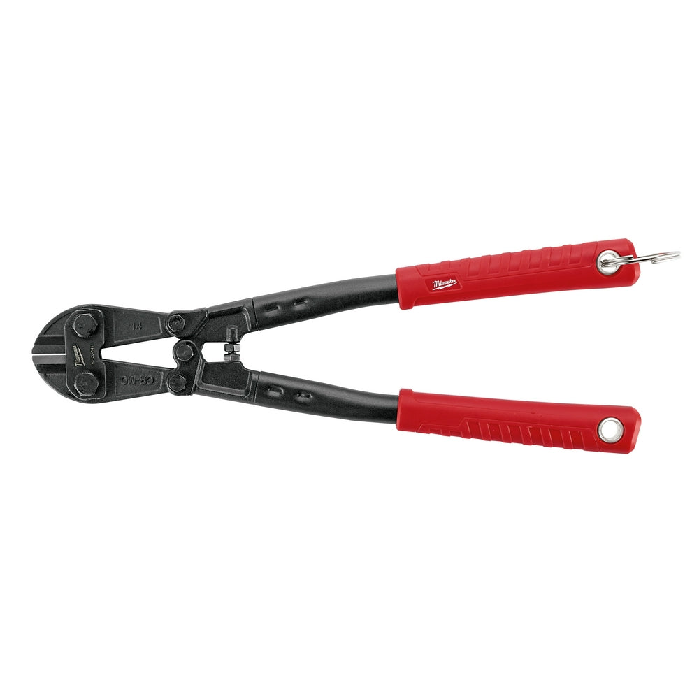 Black and red Milwaukee bolt cutter with split ring attachment on upper jaw and red grip handles.