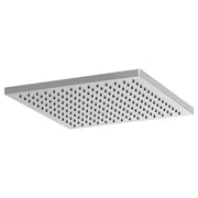 Square chrome raincan shower head with evenly spaced perforations across flat surface.