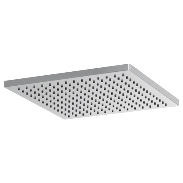 Square chrome raincan shower head with evenly spaced perforations across flat surface.