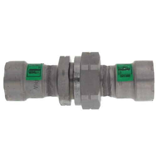 Gray carbon steel press union with green indicator bands on each end and central coupling mechanism.