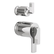 Chrome thermostatic valve with integrated diverter and rectangular lever handles shown in two component views.