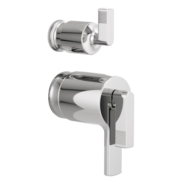 Chrome thermostatic valve with integrated diverter and rectangular lever handles shown in two component views.