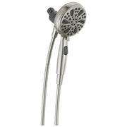 Satin nickel hand shower with multiple spray settings, flexible hose, and grip handle.