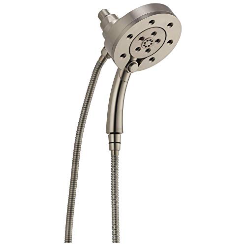 Brushed nickel dual showerhead with round fixed head and handheld wand connected by flexible hose.