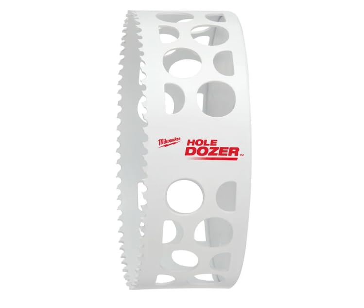 Milwaukee 5" HOLE DOZER bi-metal hole saw with serrated cutting edge and ventilation holes.