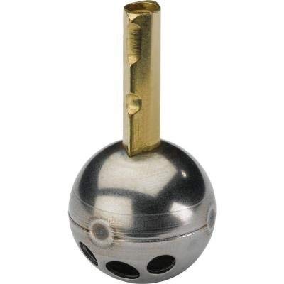Stainless steel ball assembly with brass stem and knob handle, featuring small perforations around the base.
