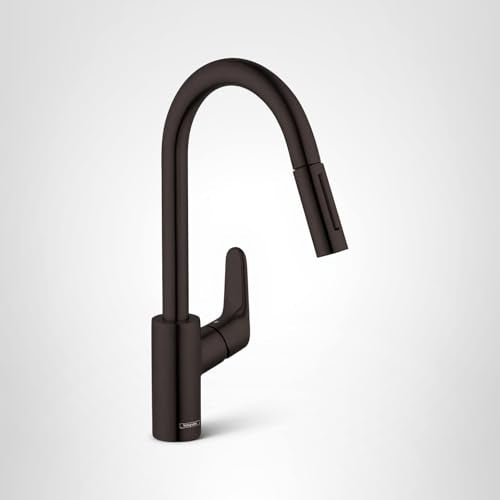 Matte black high-arc kitchen faucet with pull-down spray head and single lever handle.
