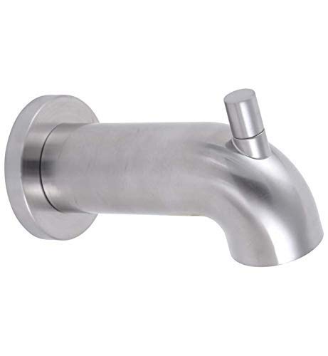 Chrome tub spout with angled outlet and circular wall flange, pull-up diverter design.