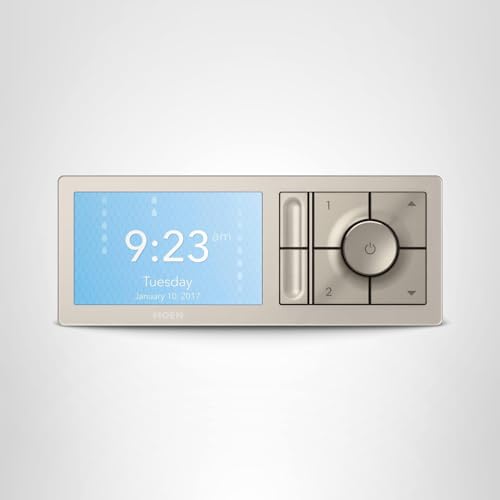 Terra beige digital shower controller with touchscreen display showing time and date, featuring two outlet controls and circu