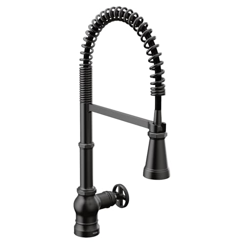 Matte black single-handle kitchen faucet with coiled spring pulldown sprayer and side lever control.