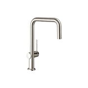 Polished nickel U-shaped kitchen faucet with single lever handle and pull-down spray head.