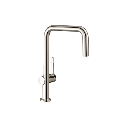 Polished nickel U-shaped kitchen faucet with single lever handle and pull-down spray head.