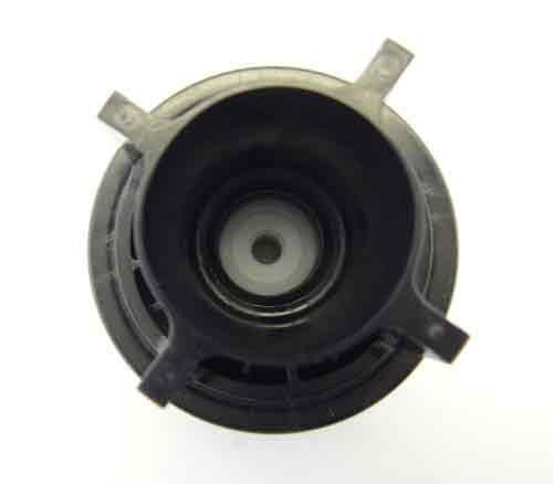 Round plastic piston assembly with gray and black components, two mounting tabs, and central opening with internal shaft.
