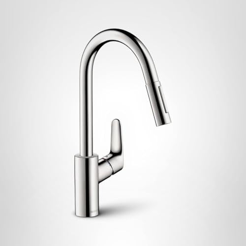 Chrome pull-down kitchen faucet with high arc spout and single lever handle.