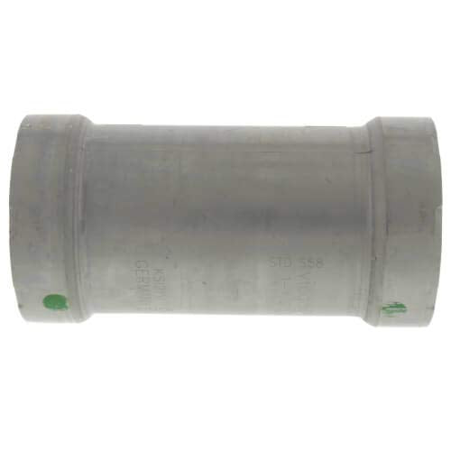 Cylindrical press coupling in zinc-nickel coated carbon steel with hexagonal end fittings and green indicator marks.