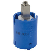 Cylindrical blue valve cartridge with metal stem and internal component, marked "KEROX" on body.