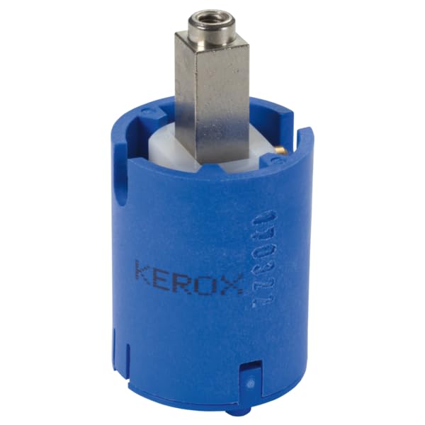 Cylindrical blue valve cartridge with metal stem and internal component, marked "KEROX" on body.